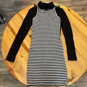 Ambiance Black and White Striped Long Sleeve Layered Dress